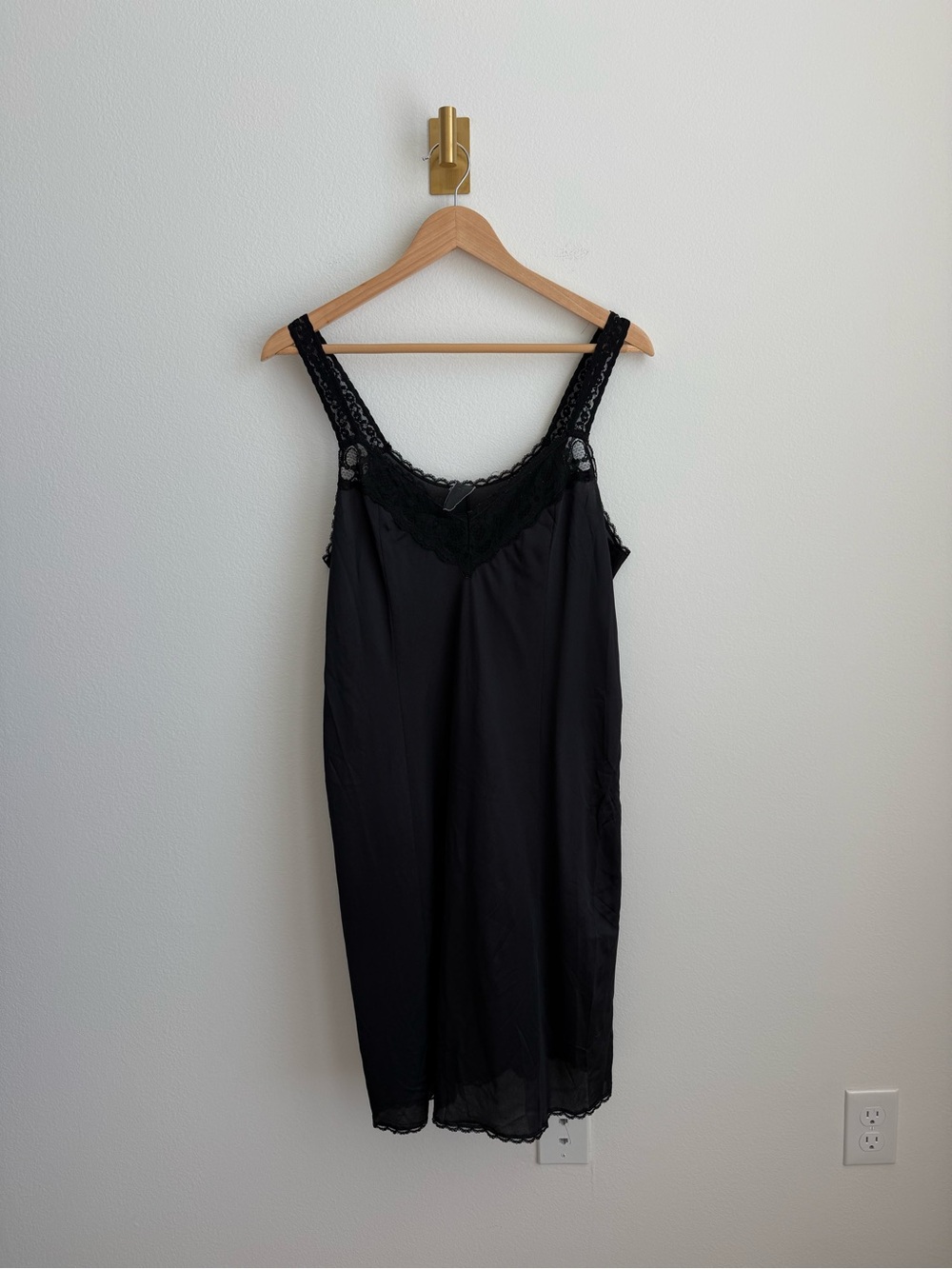 Vintage Black Satin Slip Dress Lace Trim Chemise Nightgown Lingerie One Size - Picture 3 of 5